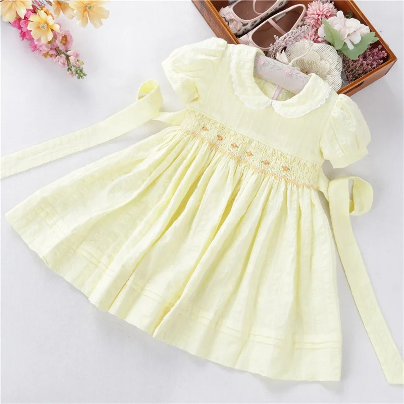 

B38563 summer little baby girls smocked dresses kids clothing yellow solid EASY embroidery wholesale children dress