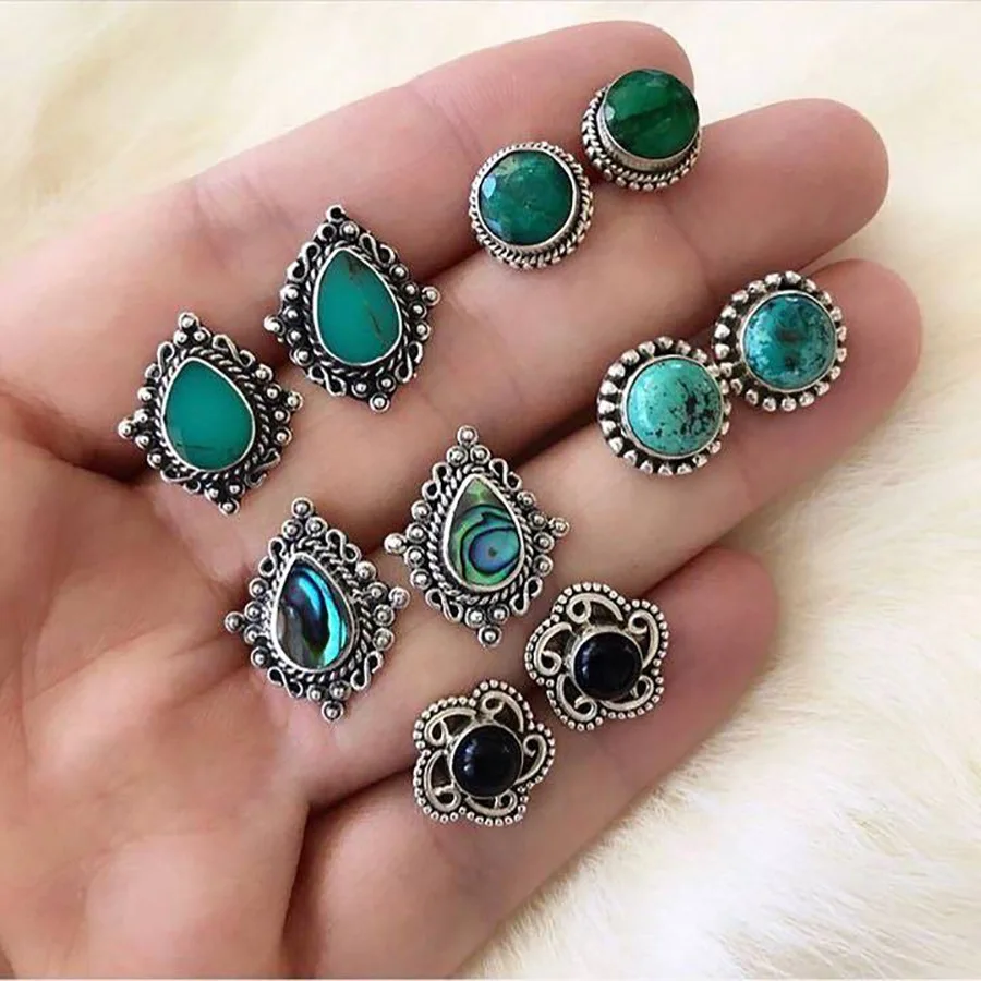 

Vintage 5 pairs/set turquoise obsidian druzy agate stud earrings set women earrings jewelry