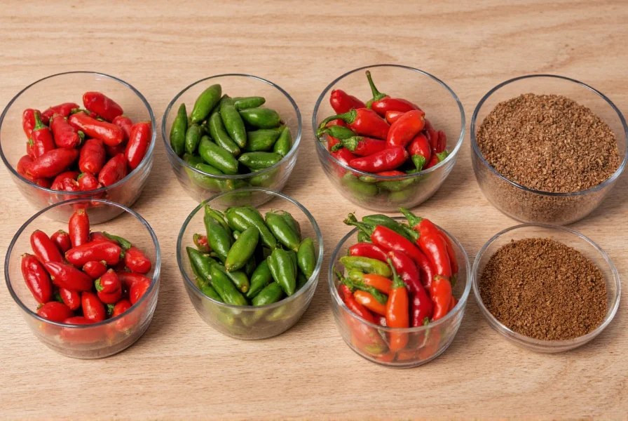 Various chili peppers and spice containers arranged for substitution comparison