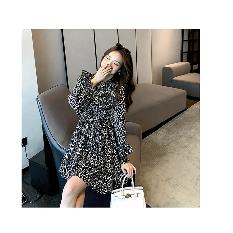 

Wholesale products black small floral waist long-sleeved women's dress