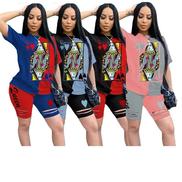 

Casual Mujer Outfit Tracksuit Fitness Poker Print Patchwork T-shirt Short Pants Plus Size Women Two Piece Set, Picture