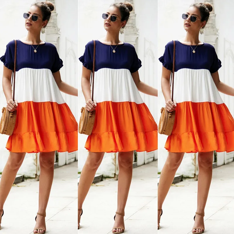 

Contrast Stitching Casual Ladies Dresses Ruffles Sleeve Plus Size Women Dress Skirts