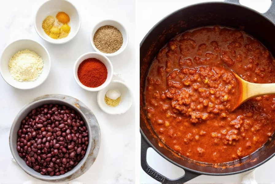 Step-by-step navy bean chili recipe showing ingredients in ceramic bowls with fresh spices and cooked chili in cast iron pot