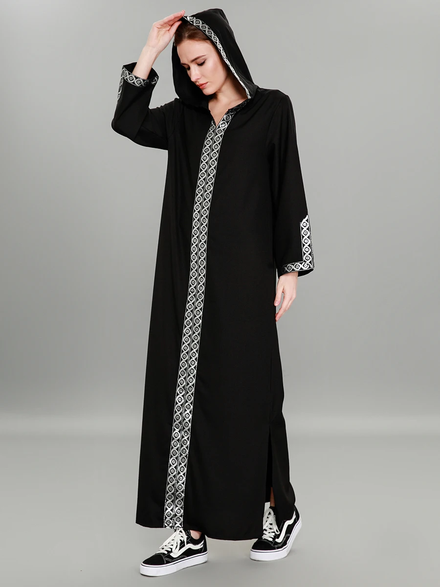 9062# Black Abaya With Hooded Dresses Long Sleeve Sliver Islamic ...