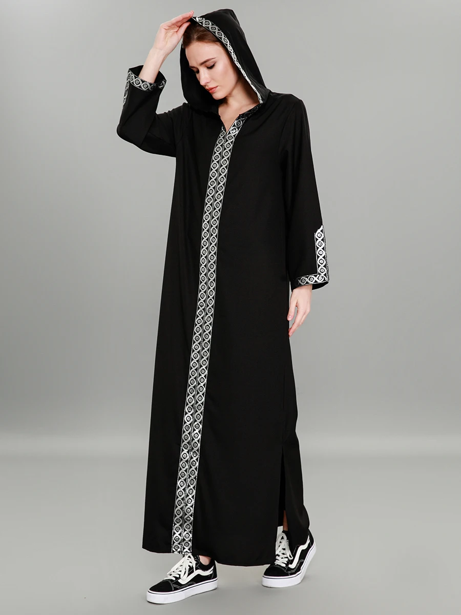 9062 Black Abaya With Hooded Dresses Long Sleeve Sliver Islamic Embroidery Kaftan Dubai Plus 4497