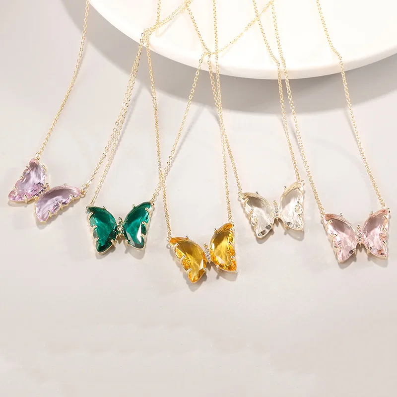 

Gold Color Thin Chain Choker Crystal Glass Butterfly Pendant Necklace For Women Wholesale Jewelry