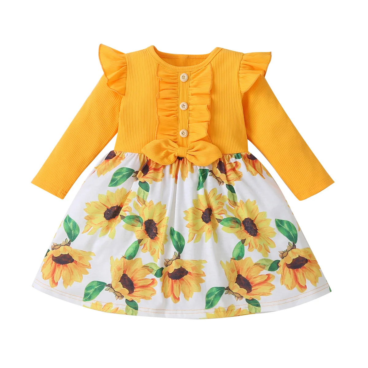 

2021 new boutique spring fall baby girls casual dresses long sleeve sunflower dress clothing