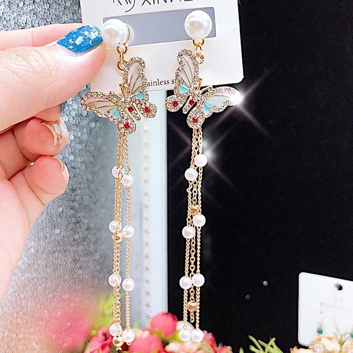 zm51229h Long pearl tassel earrings 2020 hot sale women tassel earring super fairy temperament earrings