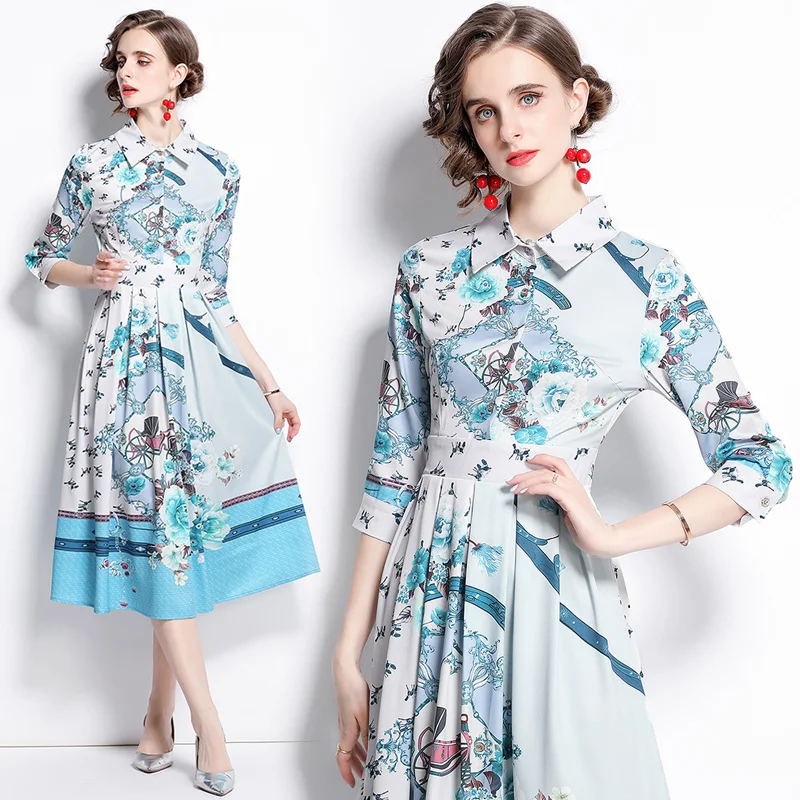 

Spot 2021 new ladies lapel print casual dress fashion slim temperament mid-length ladies lace dress