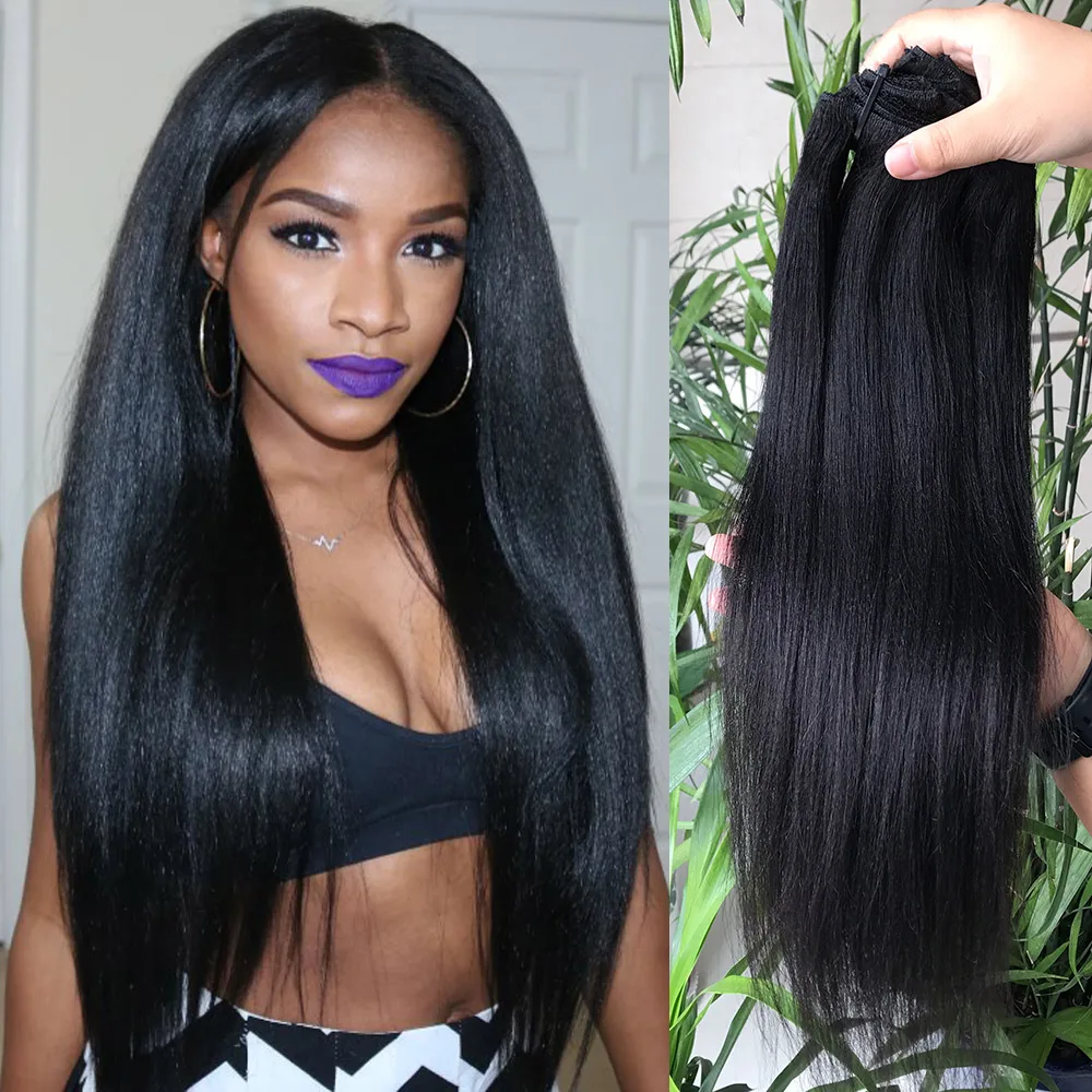 2024 Top Quality Seamless Clip in Hair Extension Natural Black Yaki Clip Ins Kinky Straight Hair Extension