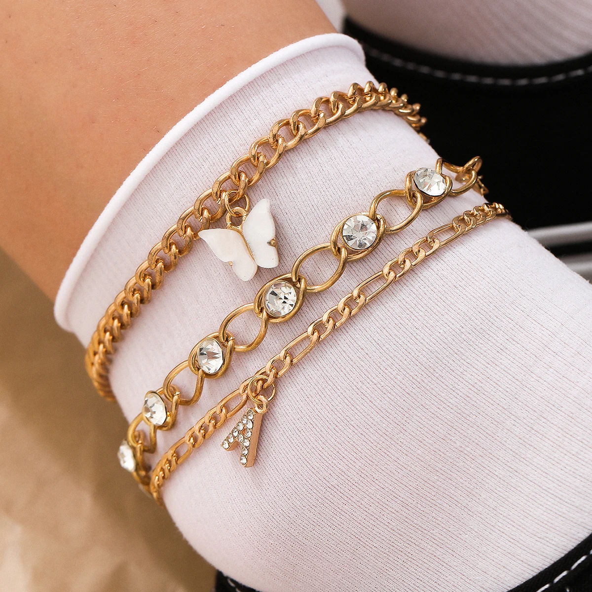 

SHIXIN Fashion Jewelry Layer Letter A Initial Anklet Women Charm CZ Bling Crystal Anklet Bracelet White Acrylic Butterfly Anklet, Gold