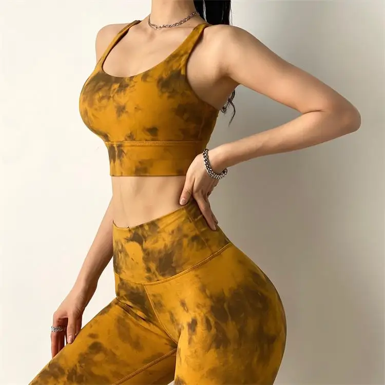

custom logo Yoga Womens Fitness Workout sets fade sports bra and leggings Tie Dye set gym tights jogging nude yoga sets, Picture color