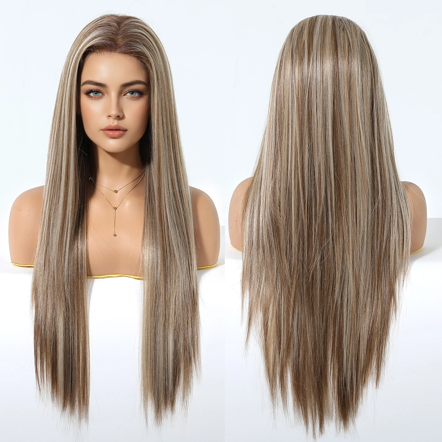 Striped Blonde 13*6 Front Lace Wig Synthetic Future Fiber Long Natural Layered Straight Wig Mixed Color High Density