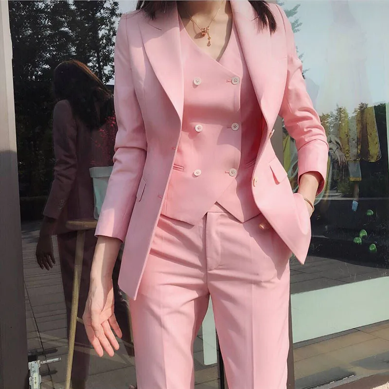 

2021 Three Piece Slim Fit Business Office Wedding Party Wear Tailor Made Pink Woman Suits Office Women Blazer Set