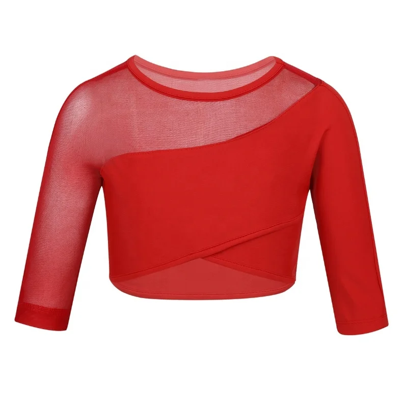 

Kids Girls Half Sleeves Asymmetrical Tops Crop Top for Ballet Dance Stage Tranging Performance Costumes