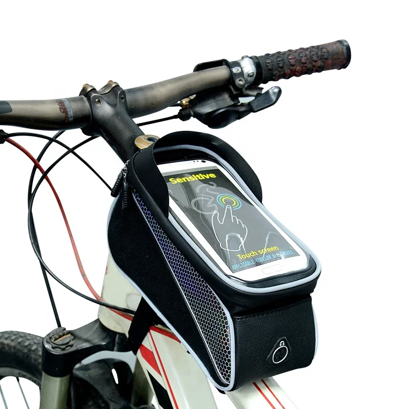 

OEM 6.5' Inch Cycling Mobile Phone Holder Bicycle Front Tube rack Bag Touch Screen Color reflective Bike frame Bag, Black