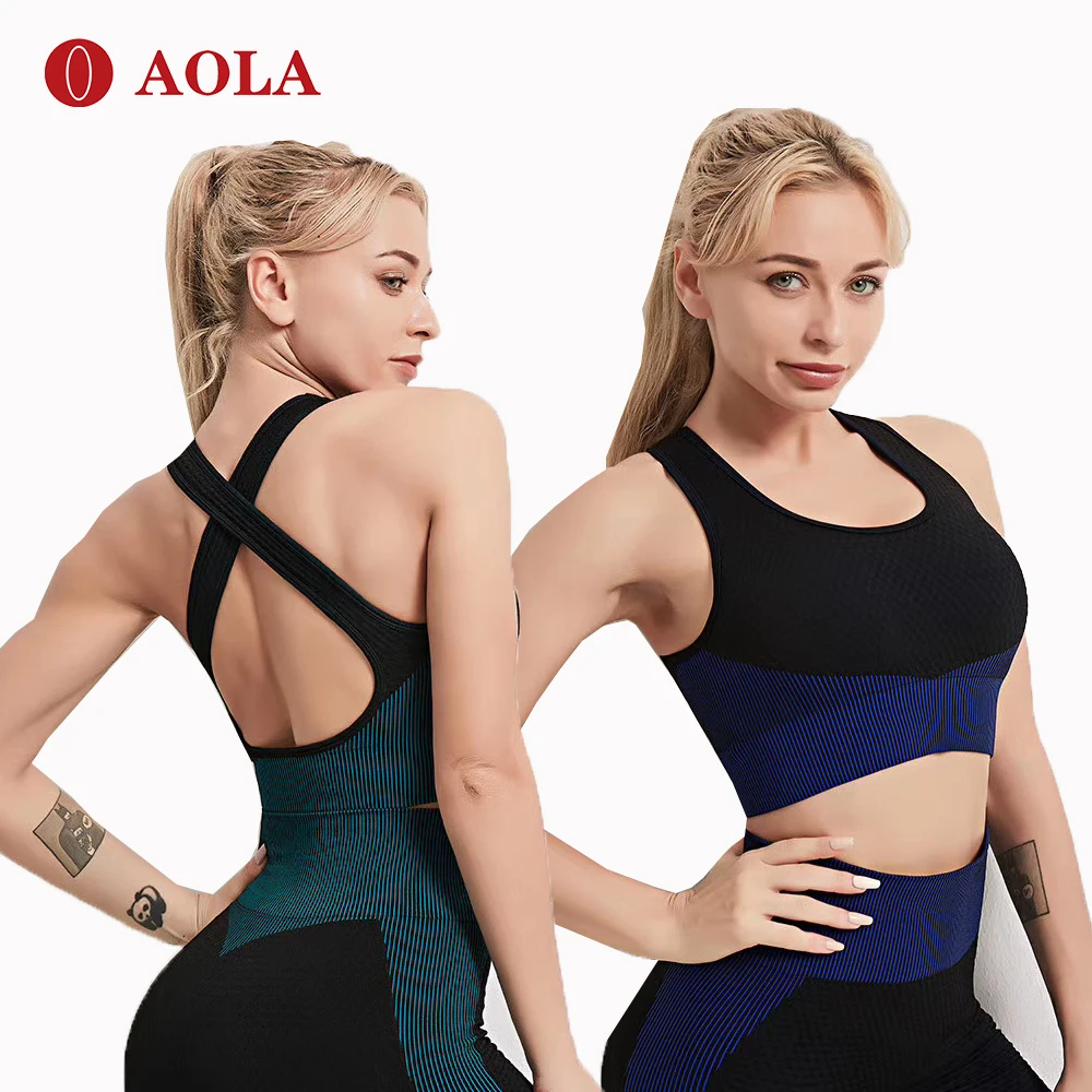 

AOLA bra seamless sexy woman sport black leggings and bra black sports activewear adjustable sports bra set, Black/pink