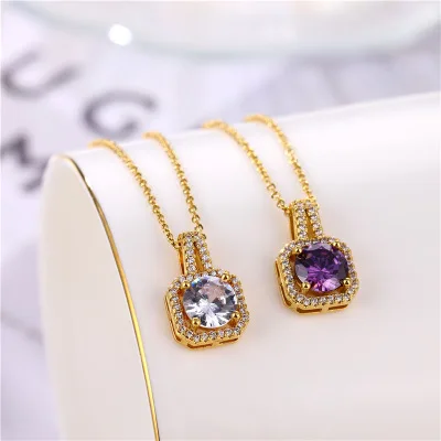 

High Qualtiy Titanium Steel Chain Zircon Sweater Necklace Titanium Steel Geometric Square Purple CZ Necklace
