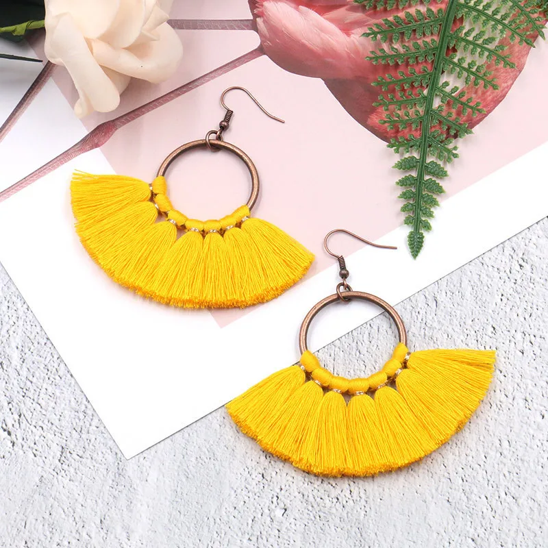 

Tassel Hoop Earrings Bohemia Fan Shape Earrings Dangle Hook Eardrop Party Dress Accessory