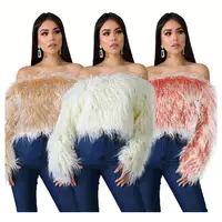 

11AF319 wholesale fashion solid color off shoulder woolly fur short women fashion clothing blouse