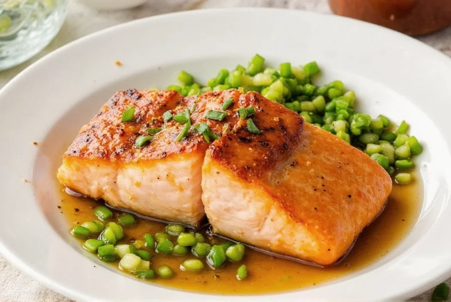 Ginger soy salmon served with rice and vegetables