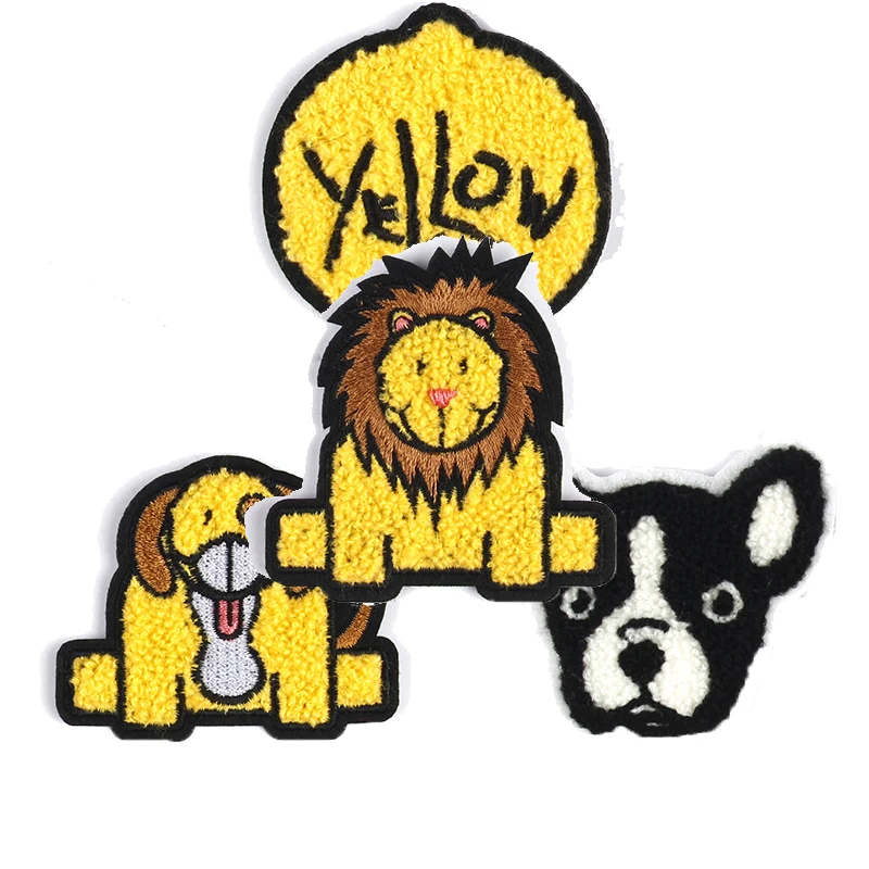 

Custom clothing label applique embroidery designs iron on chanelle bordado parches ropa embroidered badge chenille patches, Yellow