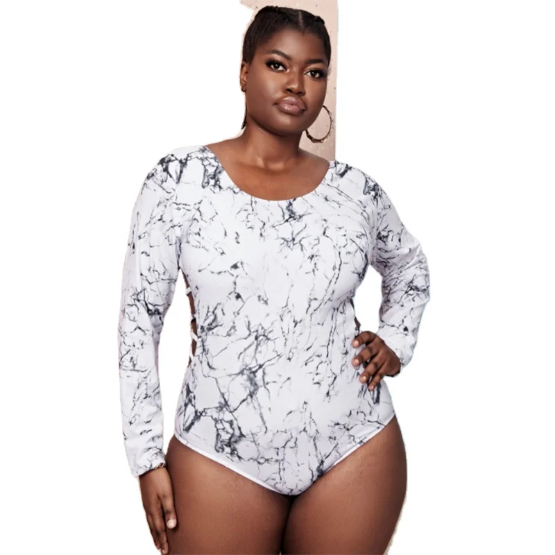 

2022 New Design DAMO Plus Size Women Long Sleeve Back Hollow Out Sexy Swimsuits White Girls Sauna Wear Bathing Suit