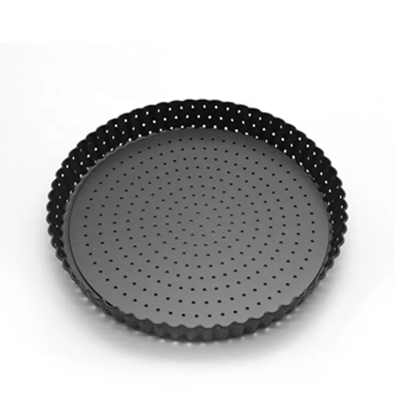 

Carbon Steel Non Stick Round Removable Bottom Perforated Baking Pans Pizza Tray, Black