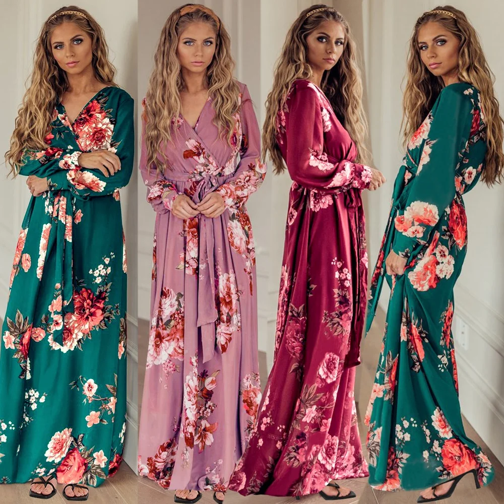 

Fall 2021 New arrival Luxury Brand Clothing V-Neck Long-Sleeved Floral Knit Long Even Dress Elegant Casual Dresses