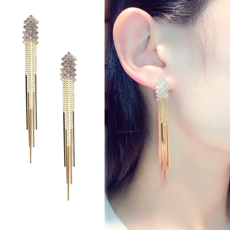 

925 Silver Needle 18K Gold Plated Rhinestone Tassel Dangle Earrings Long Chian Tassel Drop Earrings