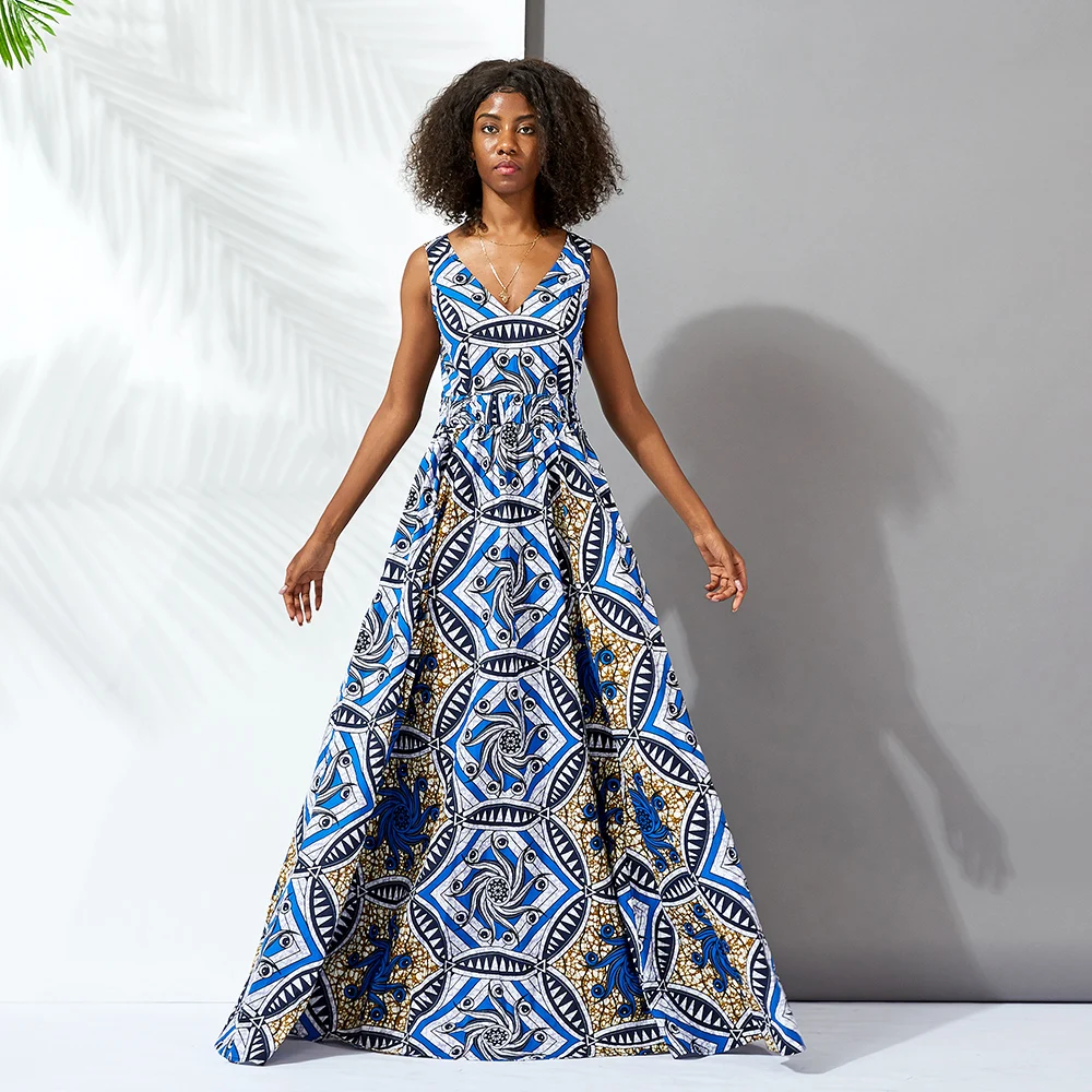 

2021 High Quanlity Sleeveless V- neck High Wasit Long Dress Africa Printing Summer African Smocked Women, Customized color