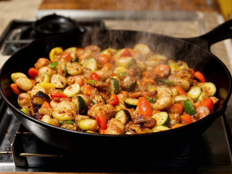 Cast iron skillet with sizzling hibachi vegetables