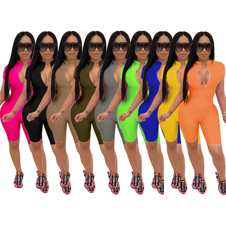 

2021 Summer Plus Size women Clothing V-neck Vest Zipper Up Plus Size Bodycon Ladies One Piece Short Rompers Jumpsuit