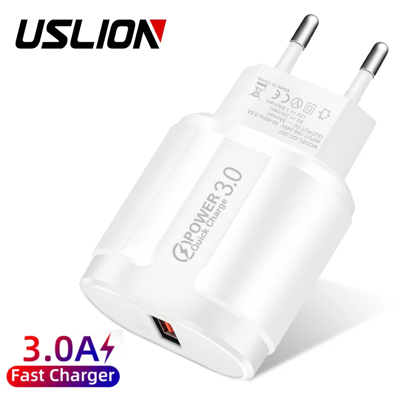 

USLION 2022 USB Charger 3A Quick Charge 3.0 USB Charger Fast Charging Portable Mobile Phone Adapter For IPhone 13 12 11, Black/ white