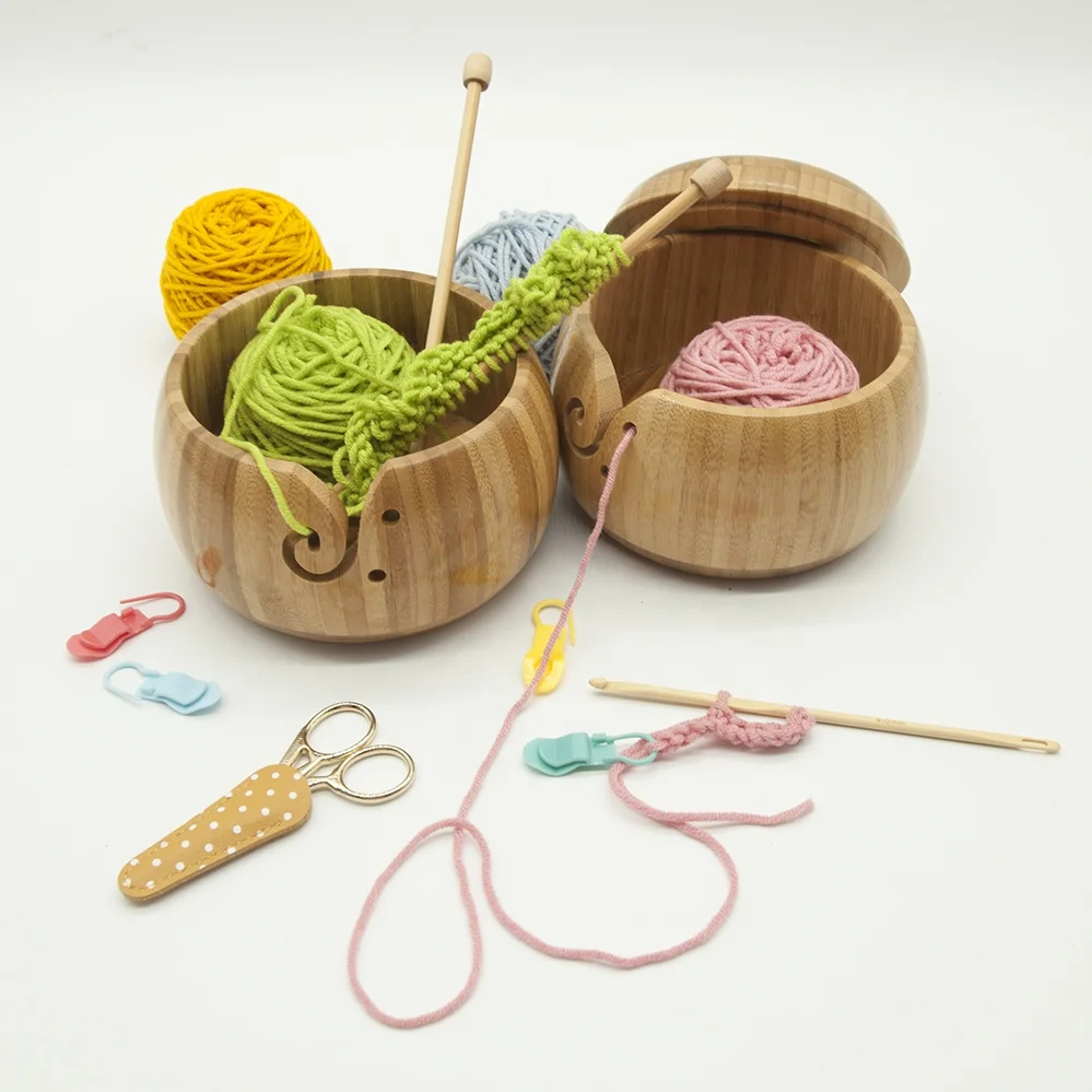 

Handcrafted portable wooden wool yarn holder bowl for knitting, Natural wood color