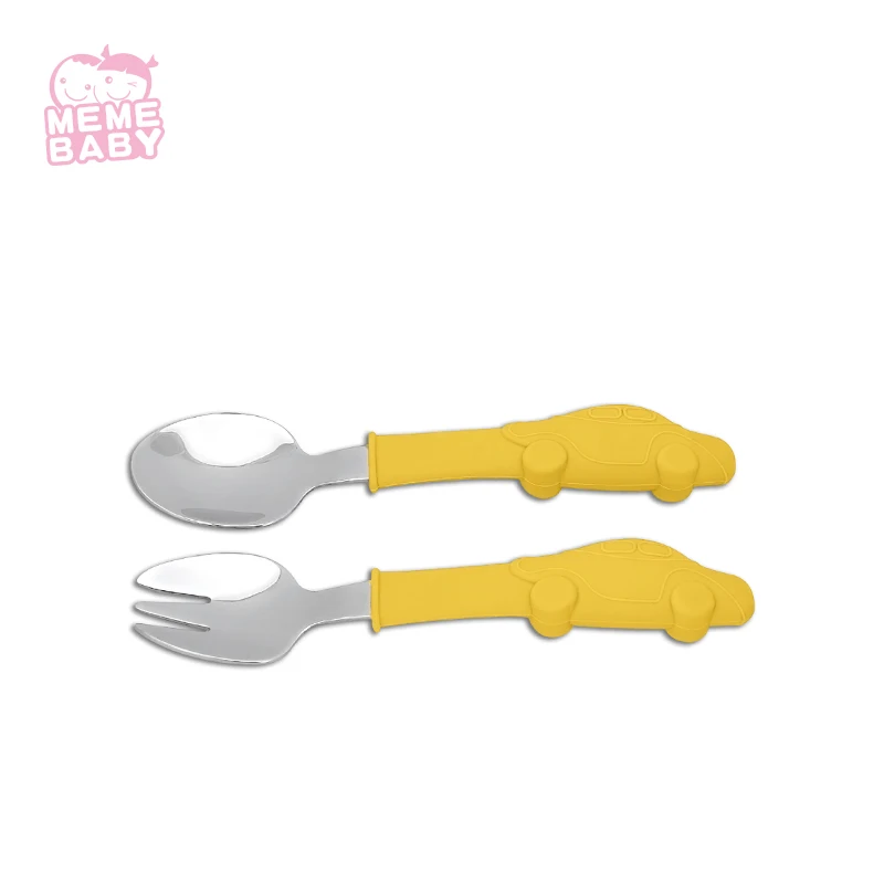 

New Design LFGB Europe Standard Food Grade A Set of Baby Adorable Feeding Spoon and Fork With Silicone Car Handle