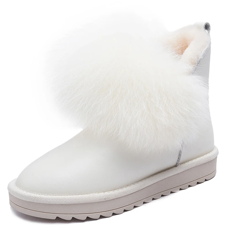 

Dropshipping Custom Logo White Furry Genuine Leather Snow Boots Wool Fur for Women Winter Shoes