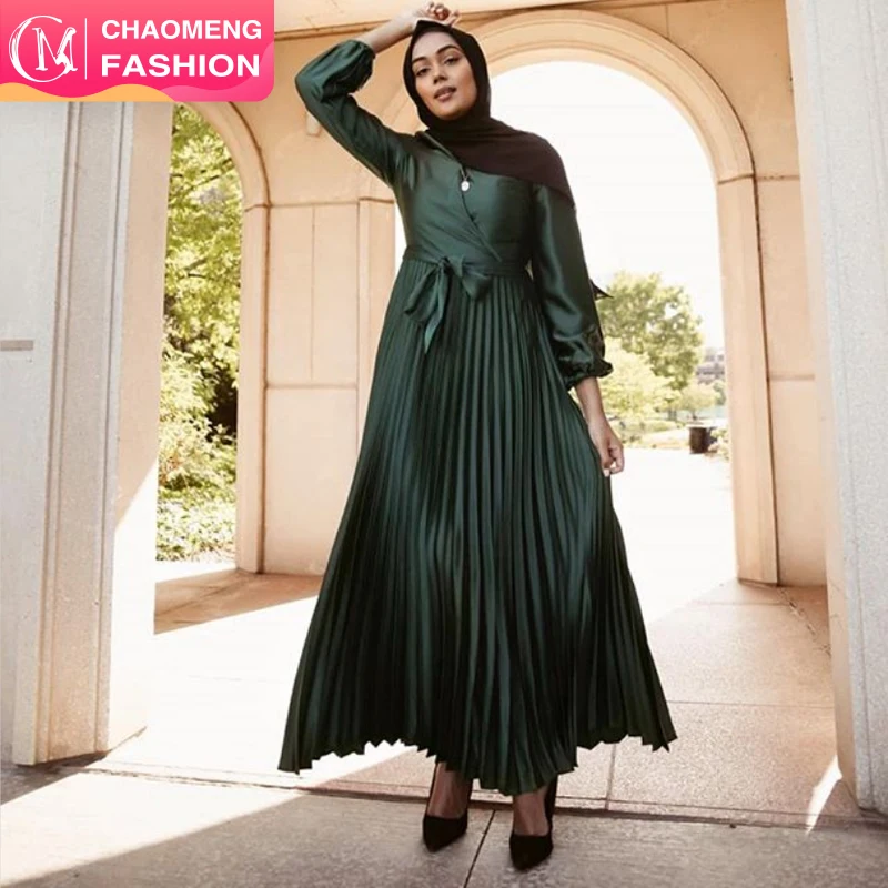 

6377#Lantern Sleeve Pleated Dress With Belt A Line Pleated Belted Long Sleeve V-neck Satin Dress, Black/pink/ beige/purple/ mint/green