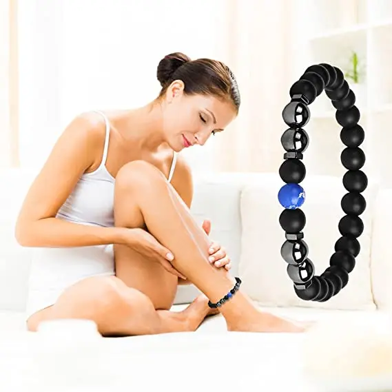 

Hot Selling Trendy Classic Energy Protection Gift Black Obsidian Slimming Magnetic Stone Beaded Anklet Bracelet for Men Women, Picture shows
