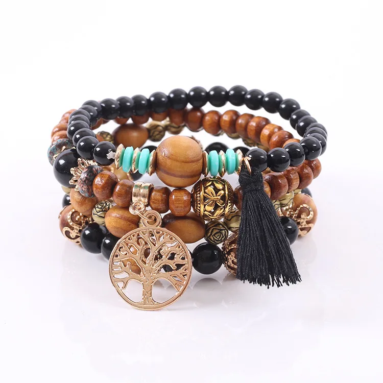 

Bohemian Tibetan Buddhism Wooden Prayer Tree of Life Tassel Crystal Bead Mara Bracelet, As shown