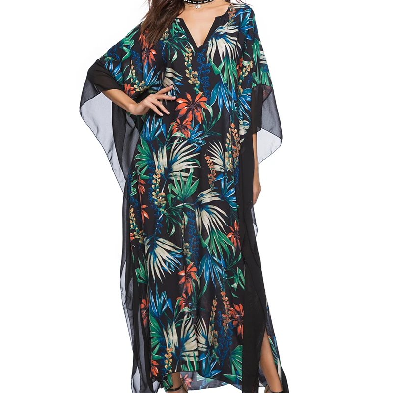 

Women Bat Sleeve Maxi Dress Floral Printing  Dress Women Loose Floral Robe Dress