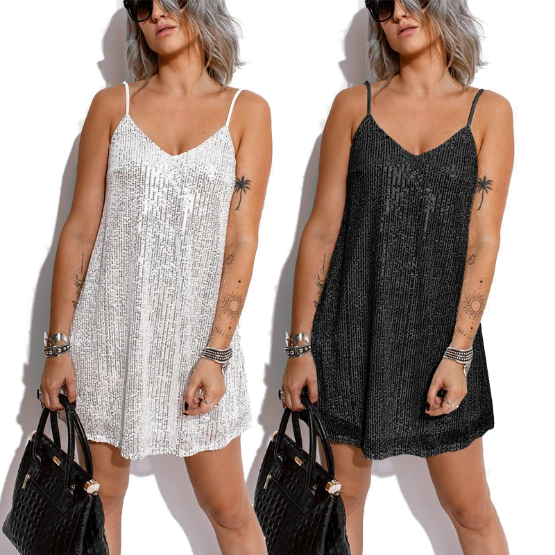 

2021 Wholesale Club Sequins Strap Loose One Piece Dresses Women Summer Mini Dress