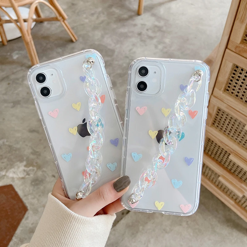 

2021 New Arrival Colorful Small Heart Phone Cover with Wrist Strap for Girls