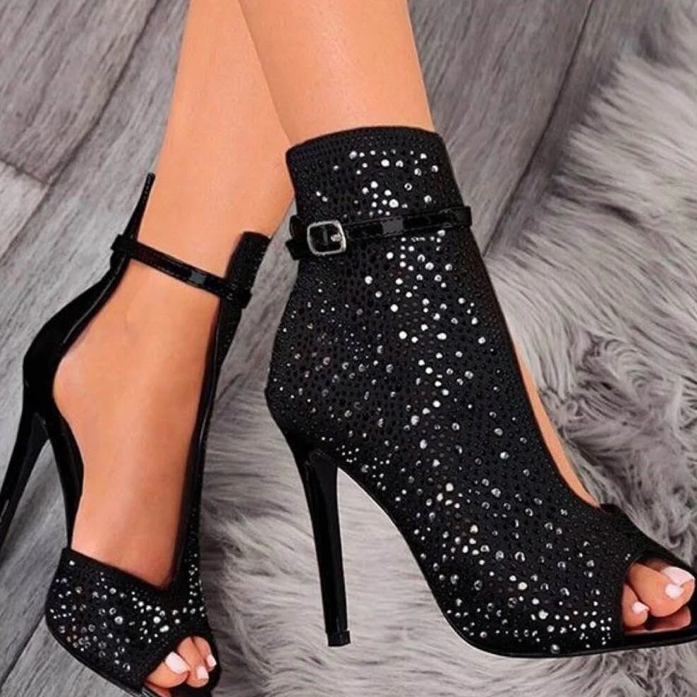 

plus size 2020 Women sandals fashion fishmouth peep-toe sandals rhinestone heels ladies sexy club buckle heels, Black or customized