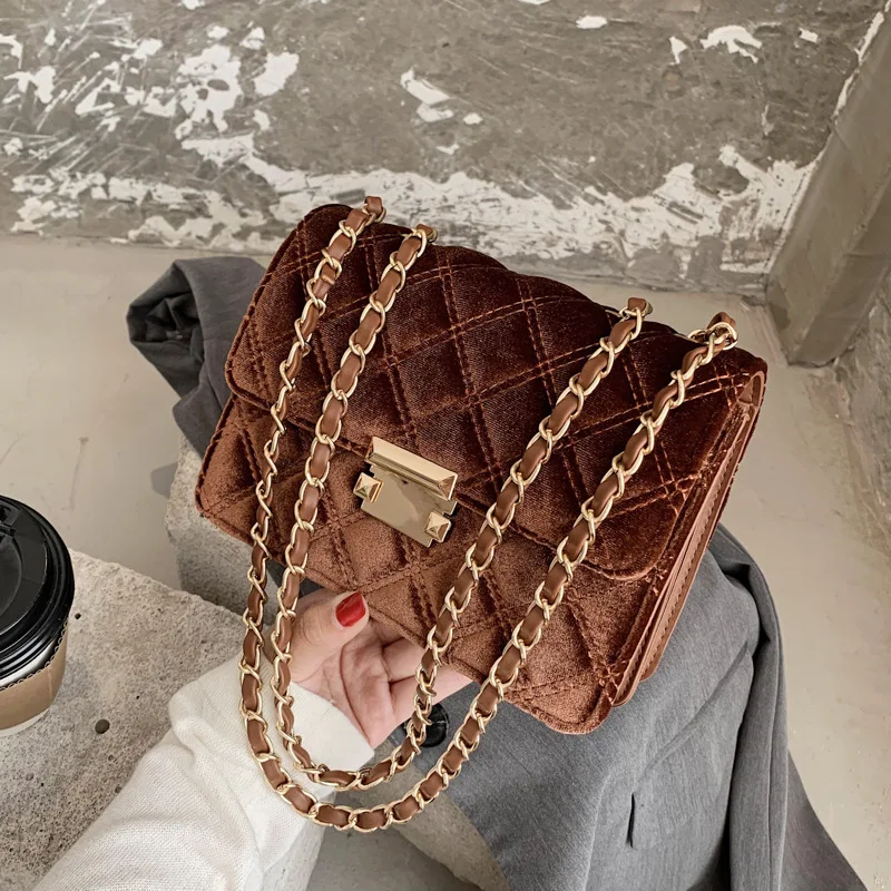 

Fashion ladies chain shoulder crossbody bags trendy quilted wild small velvet handbags for women