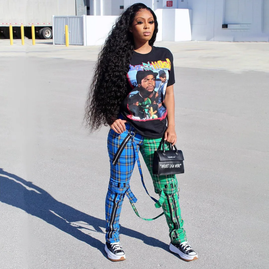 

Plaid Ribbons Pants Women Bottom Zipper Mid Waist Fashion Color Blocking Streetwear Active Workout Female Trousers