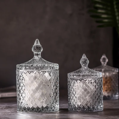 

European Color Crystal Glass Storage 600ML Canned Sugar Cans Diamond Candy Box Cotton Swab Box Cotton Pad Household Storage, Clear