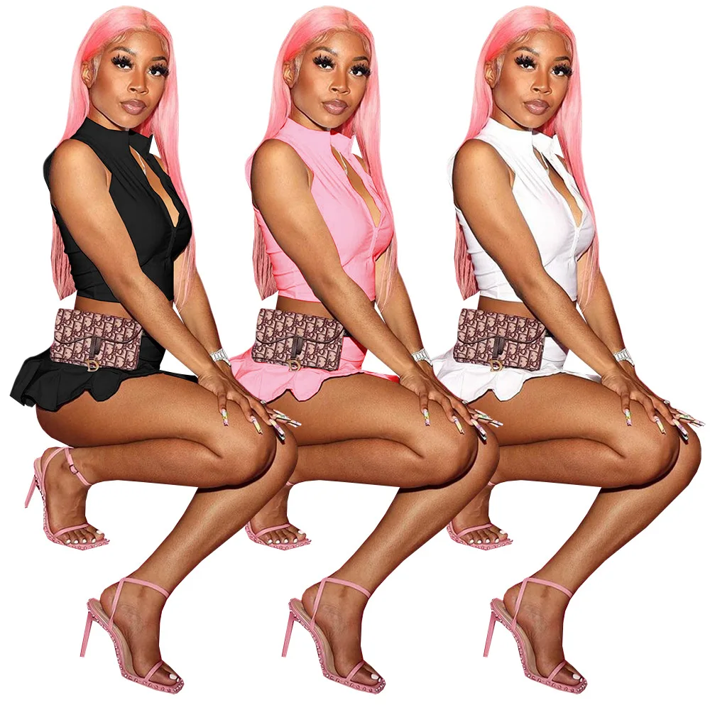 

S-XXL summer news turn-down collar short sleeve deep v neck two piece skirt set women 2 piece pant sets clothing for women