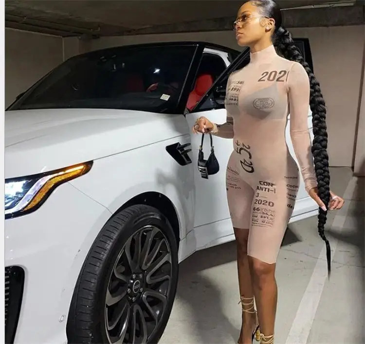 

Autumn Ladies High-Waist Buttocks Print See-Through Playsuit Sexy Women Long-Sleeved Jumpsuit, Customized color