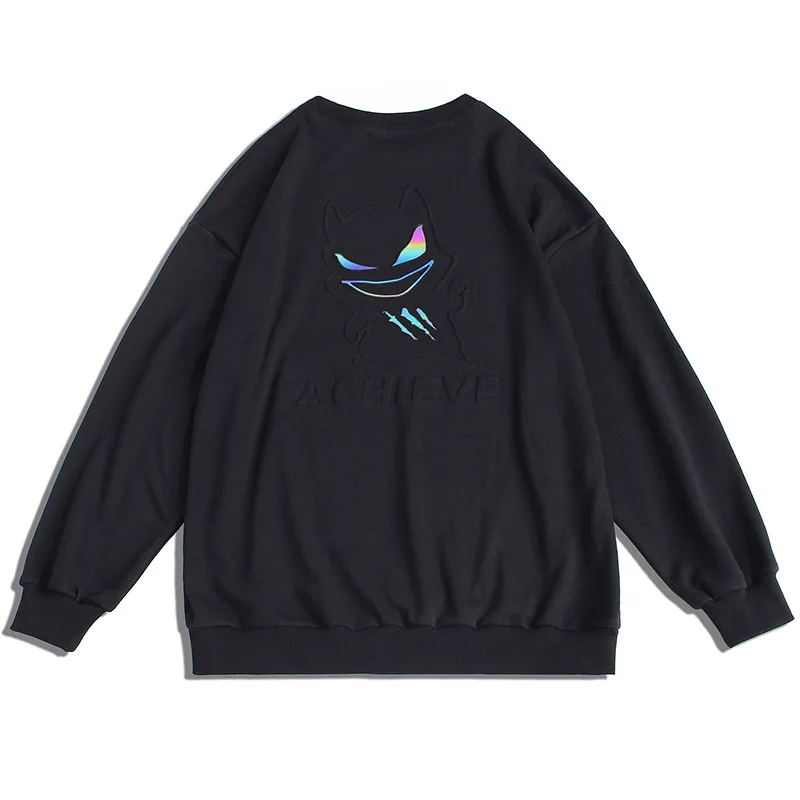 

2021 Autumn and Winter 3D Embossed Sweatshirts Men's Reflective Devil Print Drop Shoulder Pullover, Custom hoodie color